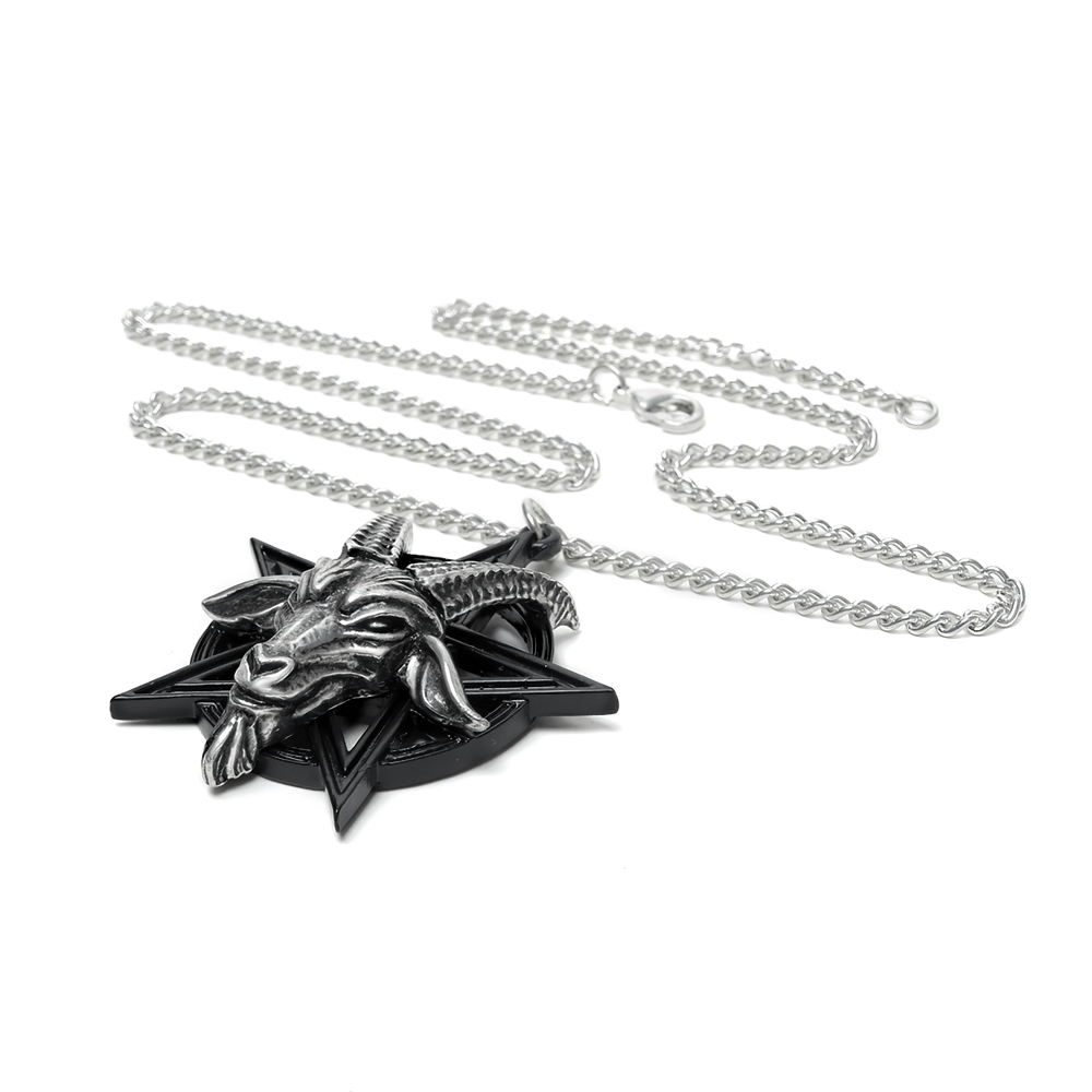 Gothic goat head Baphomet pendant on a silver chain with a pentagram design, embodying occult symbolism.