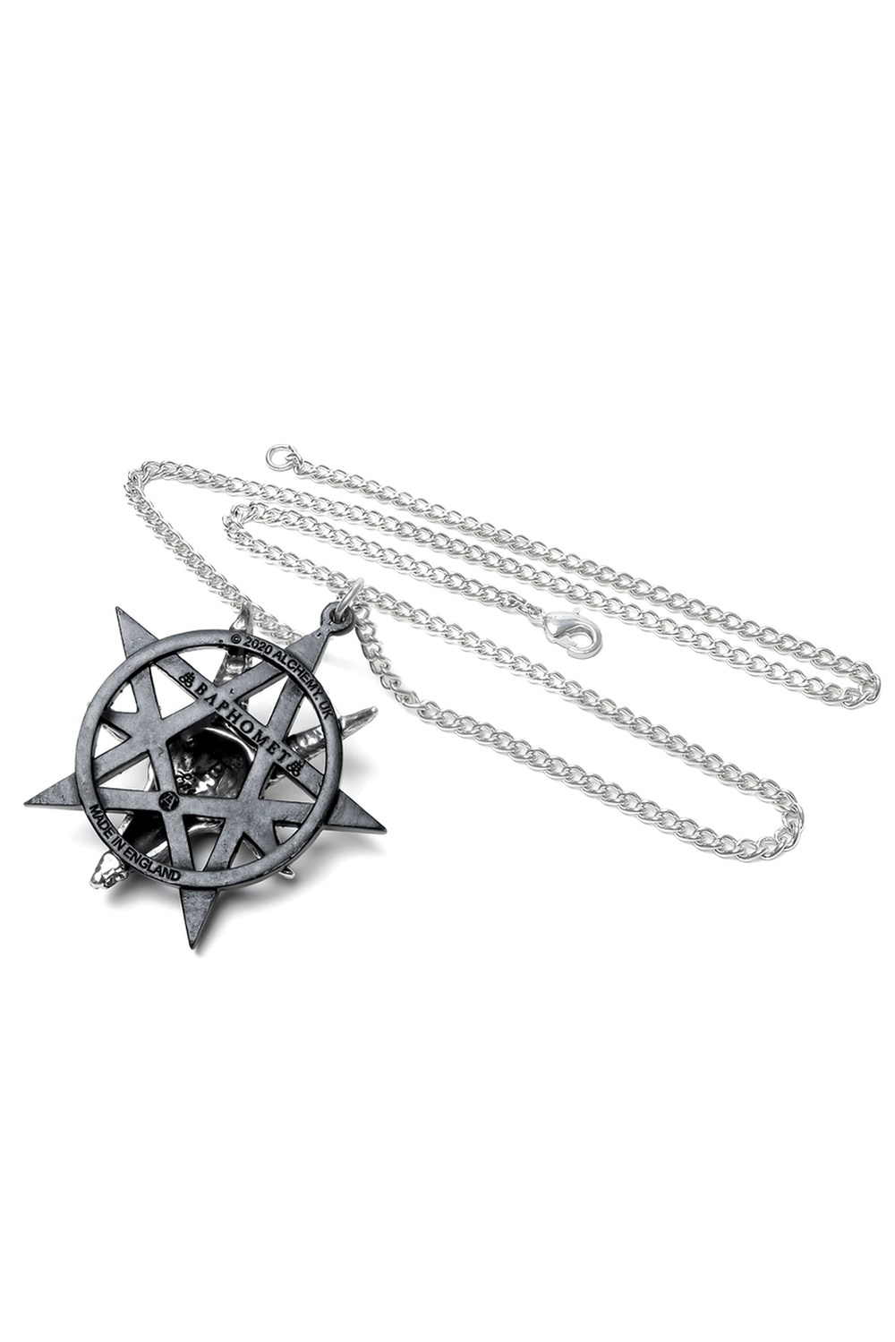 Gothic Baphomet pendant featuring a goat skull and pentagram design, perfect for occult symbolism enthusiasts.