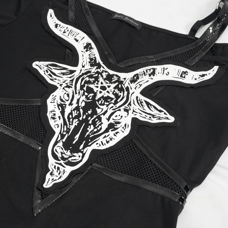 Close-up of a gothic black women's top featuring a striking goat skull graphic and mesh detailing.