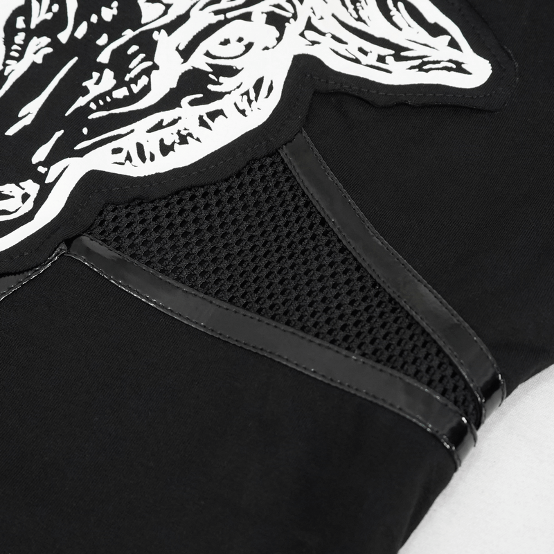 Close-up of the gothic black top featuring goat skull print and stylish mesh insert.