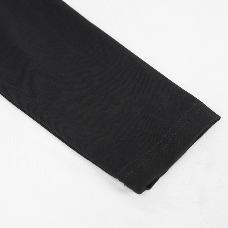 Close-up of the sleeve hem of a women's stylish black gothic top with a sleek finish.