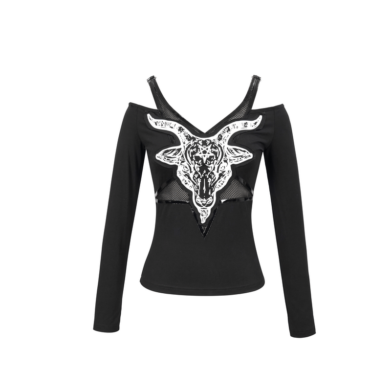 Gothic women's black top with goat skull print, long sleeves, and shoulder cut-outs for a stylish look.