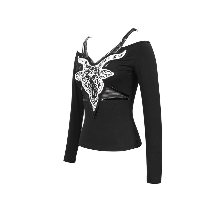 Women's black gothic top with shoulder cutouts and goat skull graphic detail, perfect for a stylish and bold look.