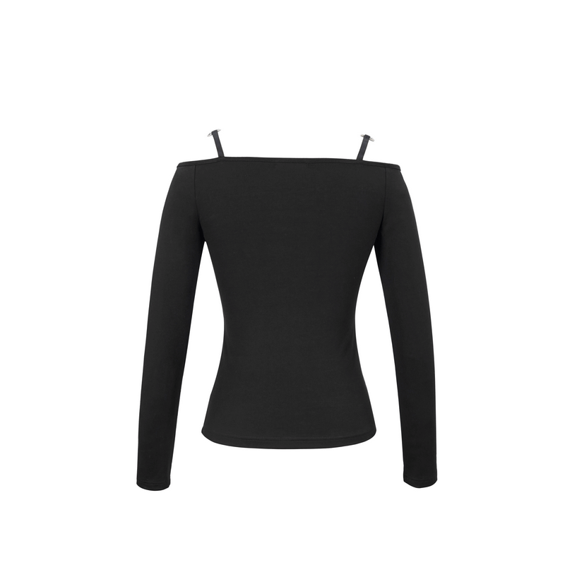 View of the back of a women's black gothic-style top with long sleeves and shoulder cut-outs.
