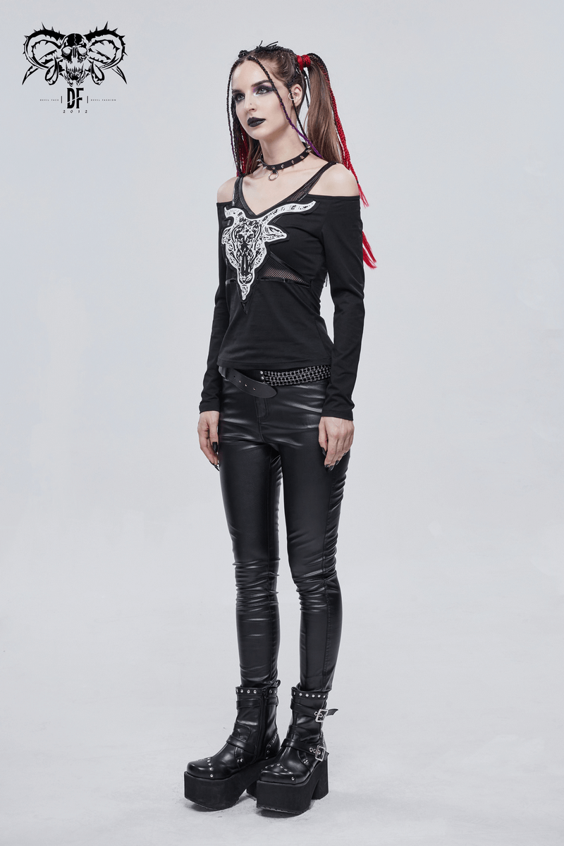 Model wearing Gothic Goathead Print Top with cut-out shoulders and black faux leather pants.