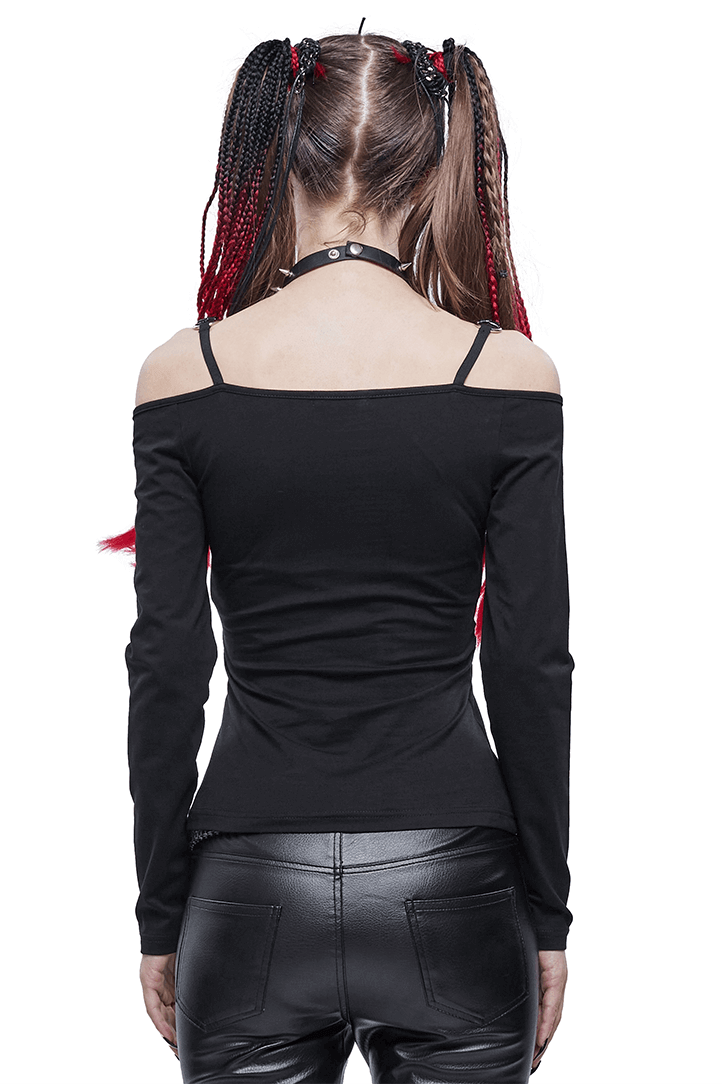 Back view of women's black gothic style top with shoulder cutouts, paired with stylish black pants.
