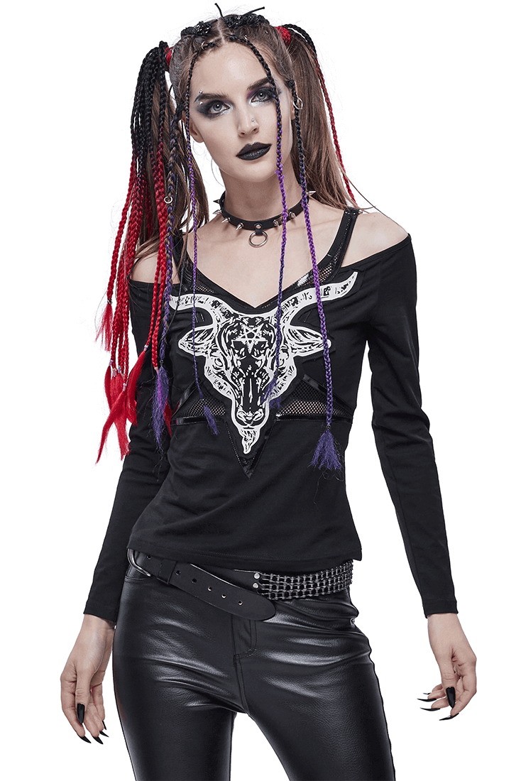 Black gothic long sleeve top with goat skull design and cut-out shoulders, worn by model with colorful braids.