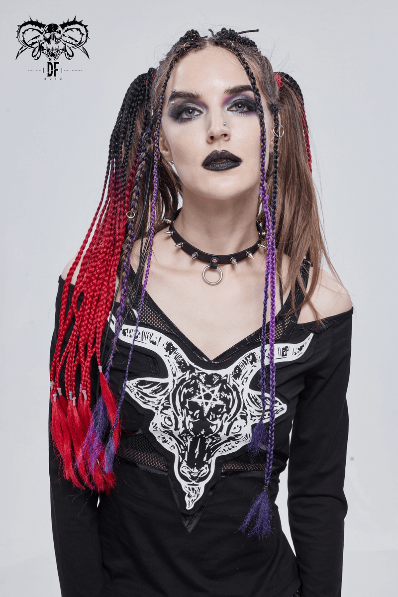 Gothic women's black top with goat skull print, off-shoulder design, and bold braided hairstyle.