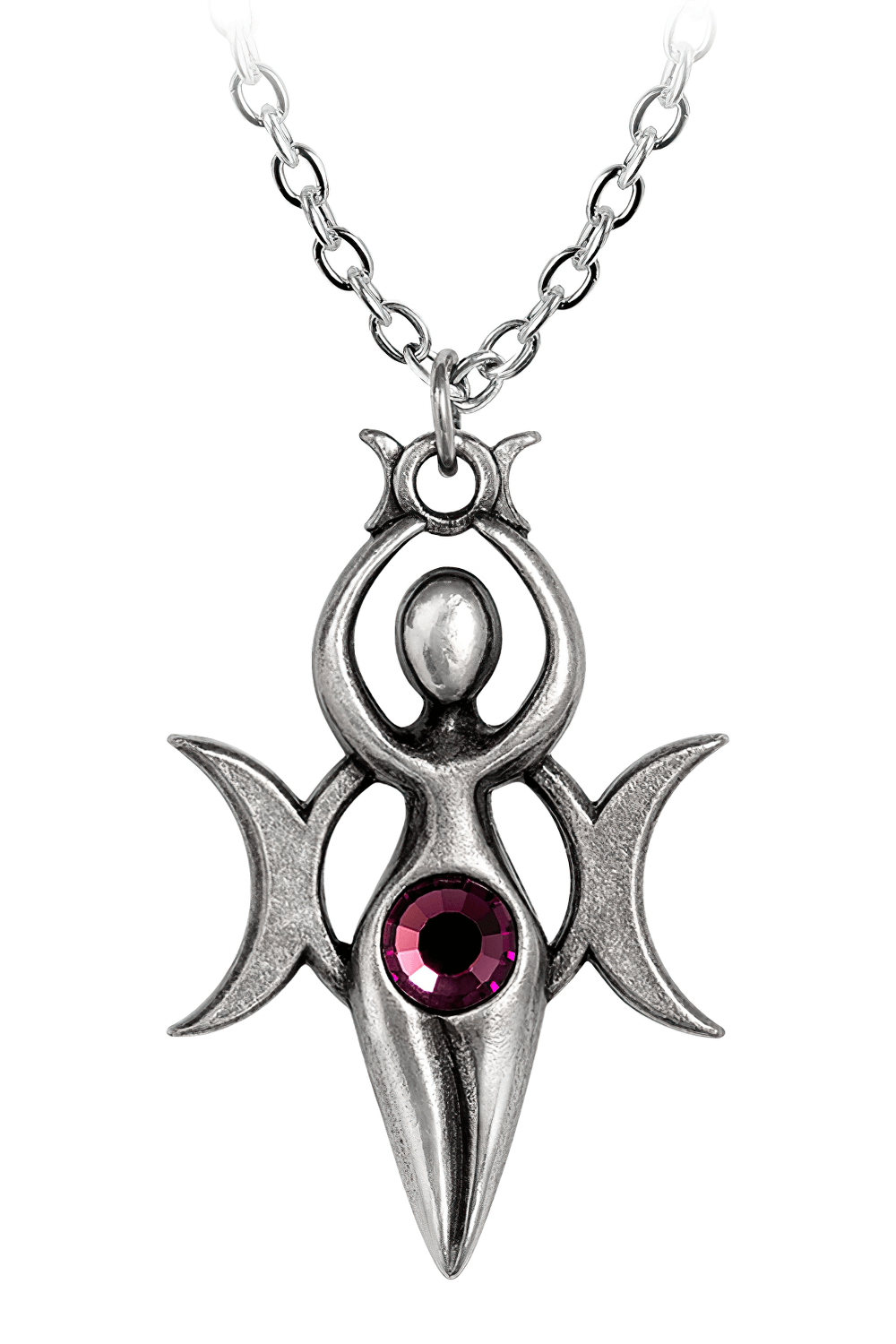 Danu Goddess Pendant with crescent moon and gemstone, symbolizing fertility and feminine strength.