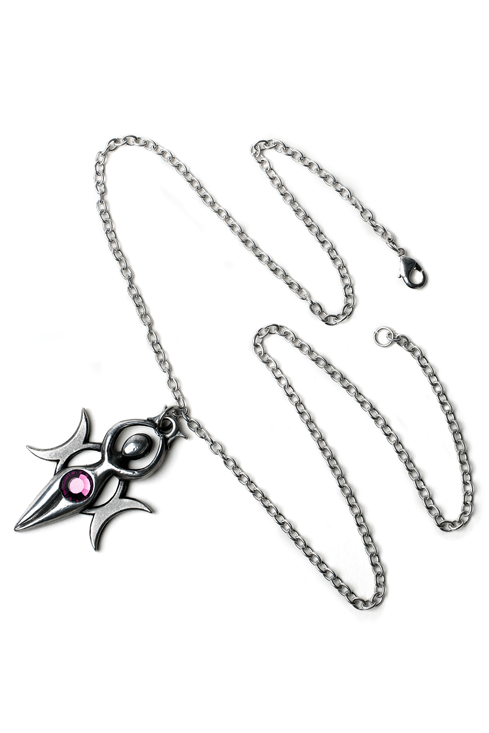 Danu Goddess pendant with a crescent moon and pink gemstone on a silver chain, symbolizing fertility and cosmic energy.