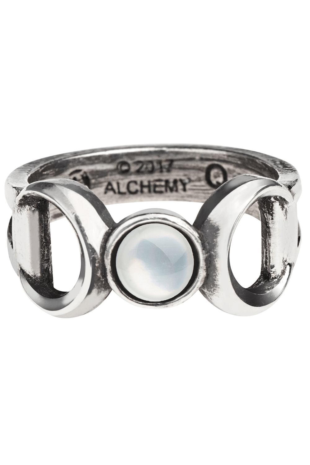 Goddess Ring featuring mother-of-pearl and crescent moon design with Austrian crystals for divine feminine energy.