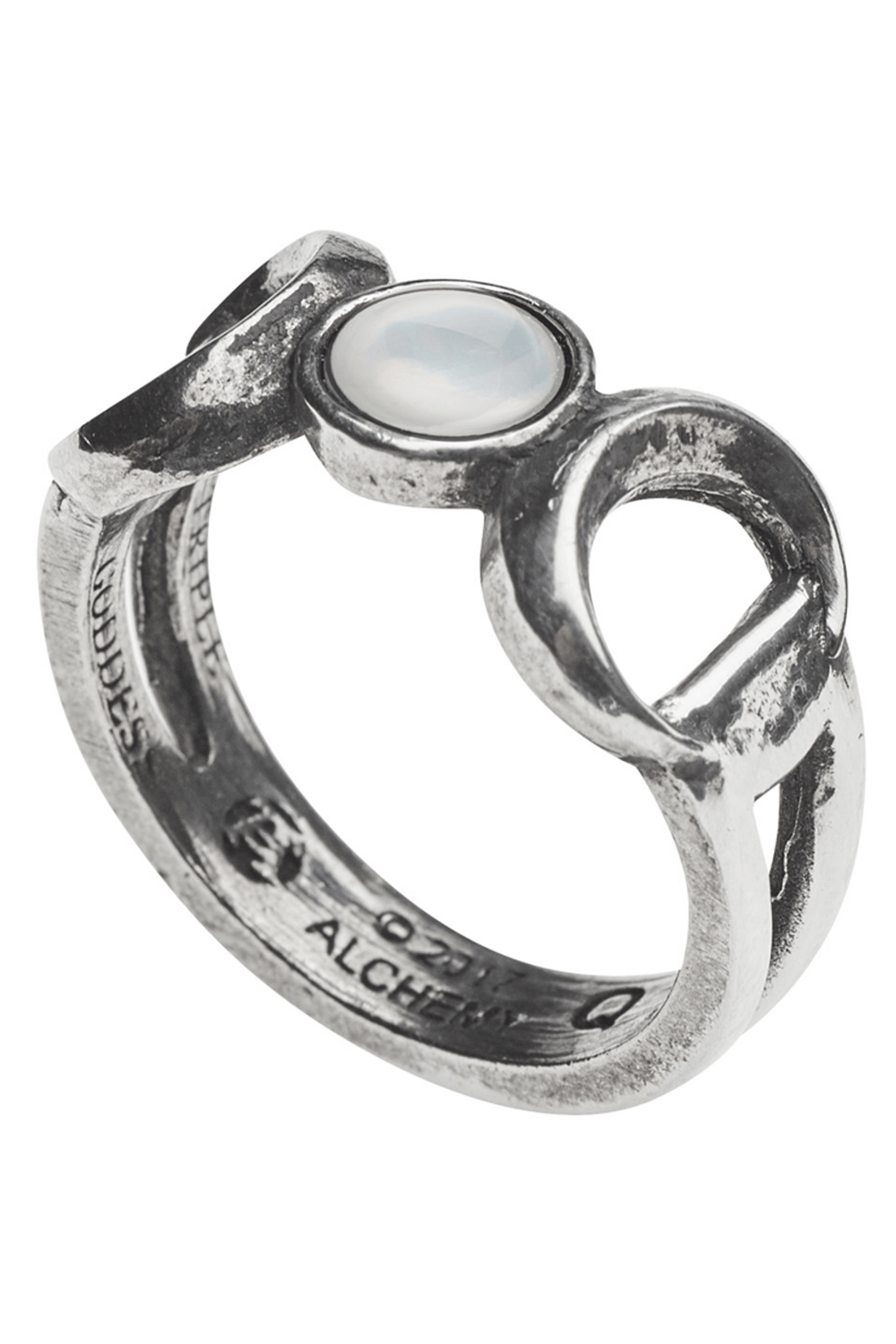 Triple Goddess Ring featuring mother of pearl and crescent design with Austrian crystals for divine femininity.