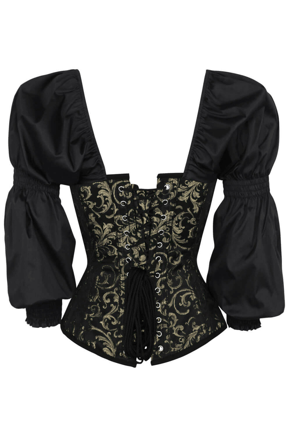 Alt Tag: Gold Steampunk Overbust Corset With Puffed Sleeves in black and gold brocade with dramatic puff sleeves and lace-up front