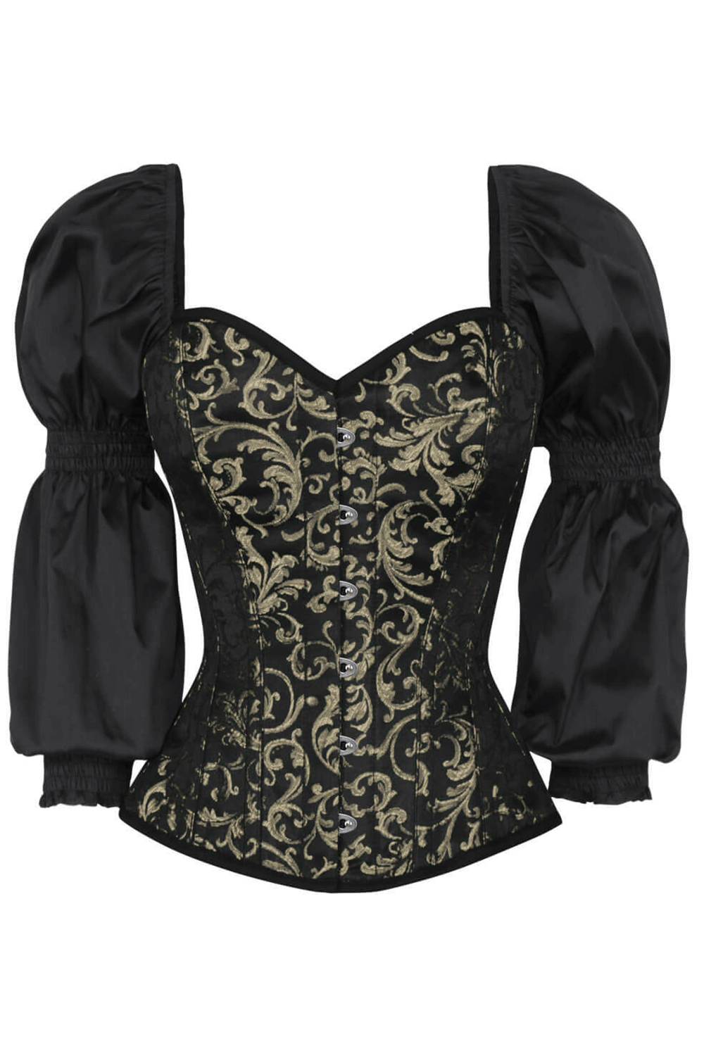 Alt Tag: Gold Steampunk Overbust Corset With Puffed Sleeves in black and gold brocade, steel-boned bustier with dramatic puff sleeves