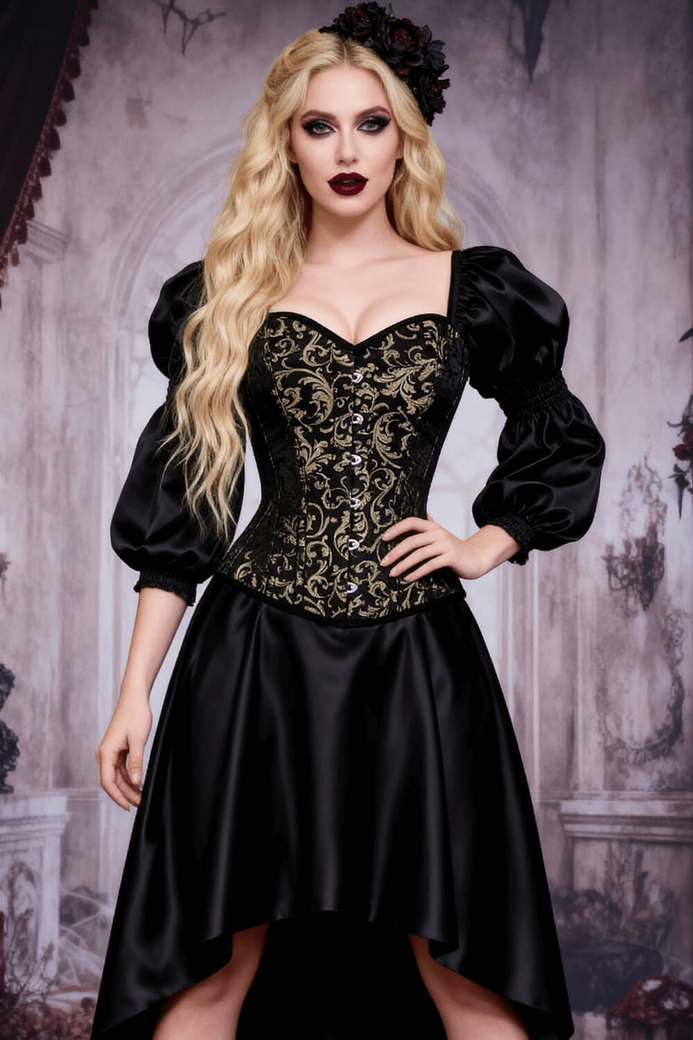 Alt Tag: Gold Steampunk Overbust Corset With Puffed Sleeves in black and gold brocade, Victorian gothic bustier with steel boning and puff sleeves