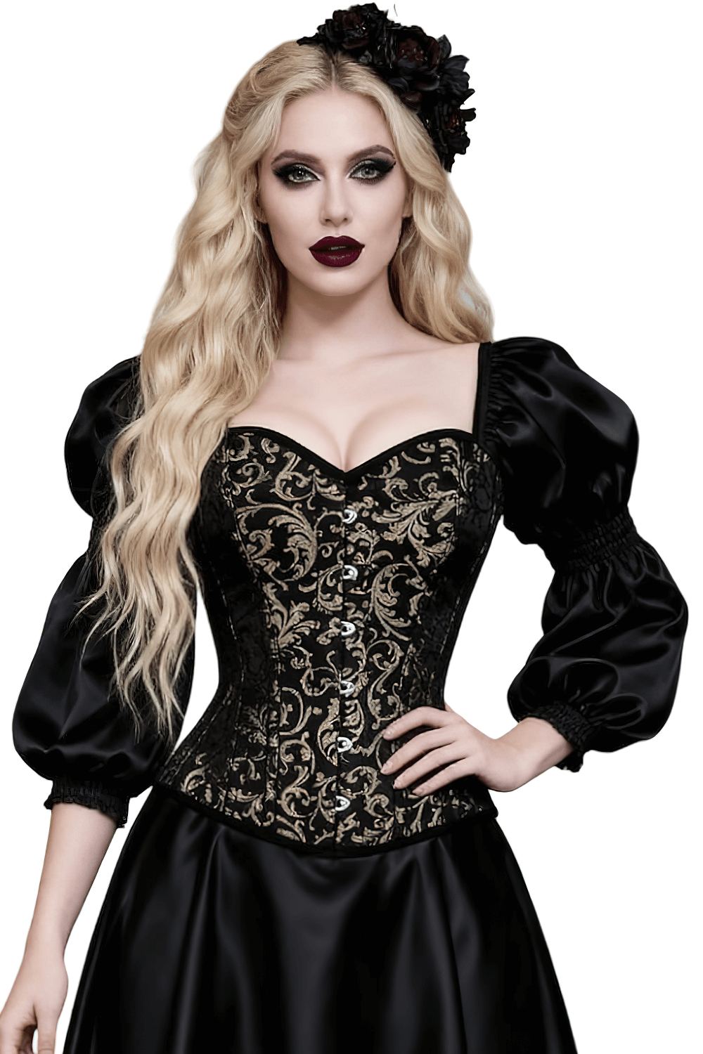 Alt Tag: Gold Steampunk Overbust Corset With Puffed Sleeves black brocade Victorian gothic bustier with steel boning and lace-up back