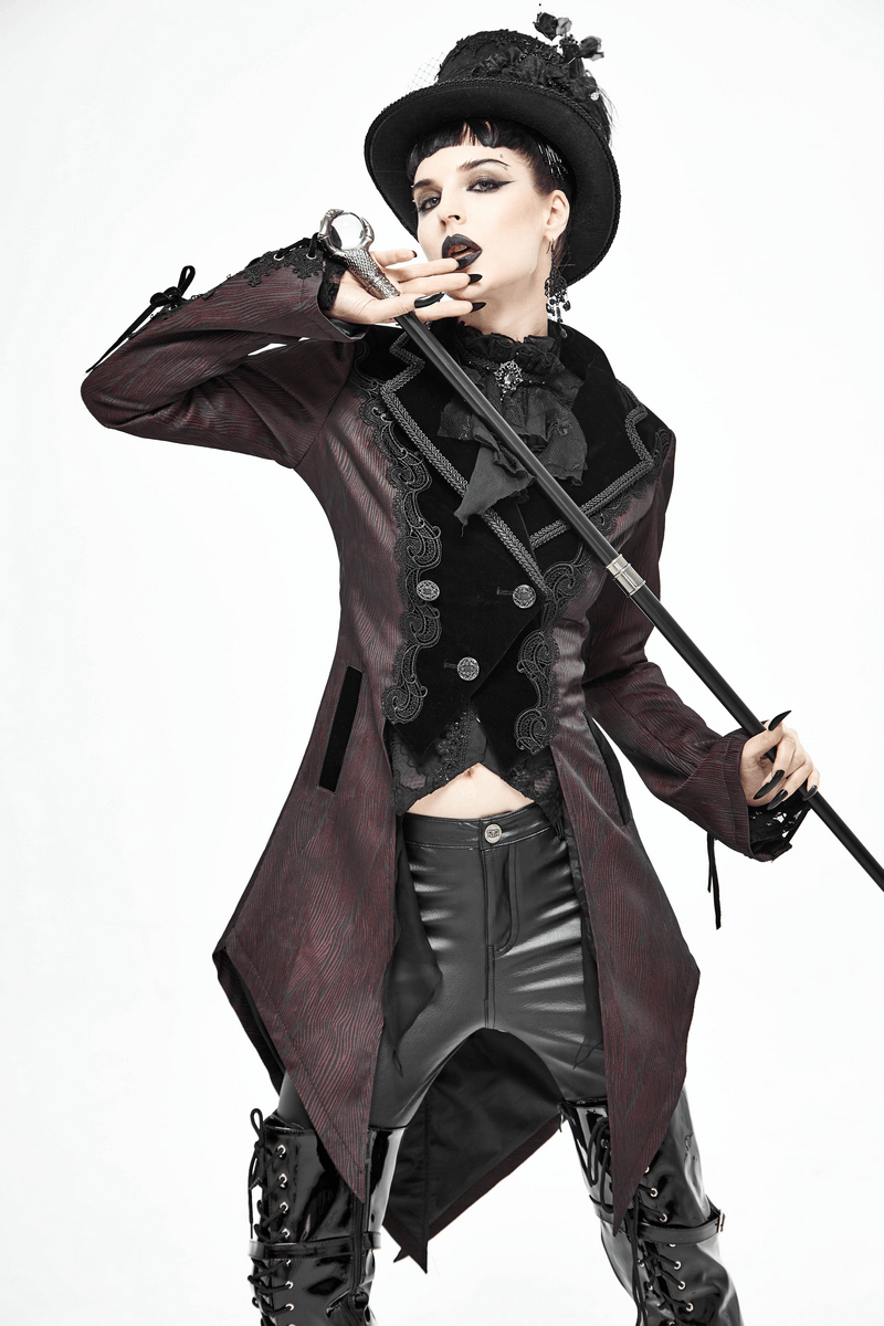 Gothic-style woman in a brown swallow-tailed coat, showcasing lace inserts and vintage buttons with a stylish hat.