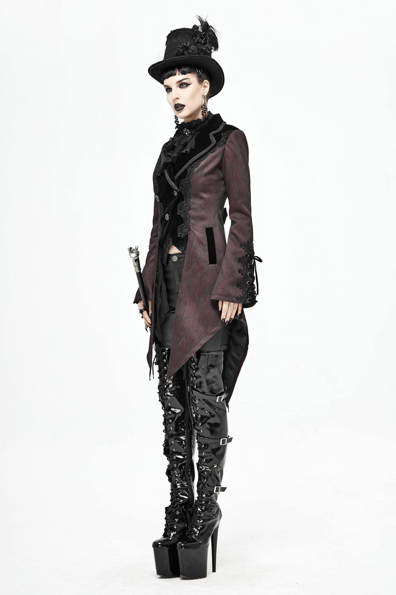 Gothic vintage style woman in a swallow-tailed coat, top hat, and thigh-high boots, showcasing elegance and allure.