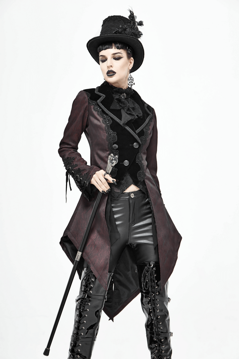 Gothic style model in a brown jacquard swallow-tailed coat with lace and retro buttons, carrying a cane.