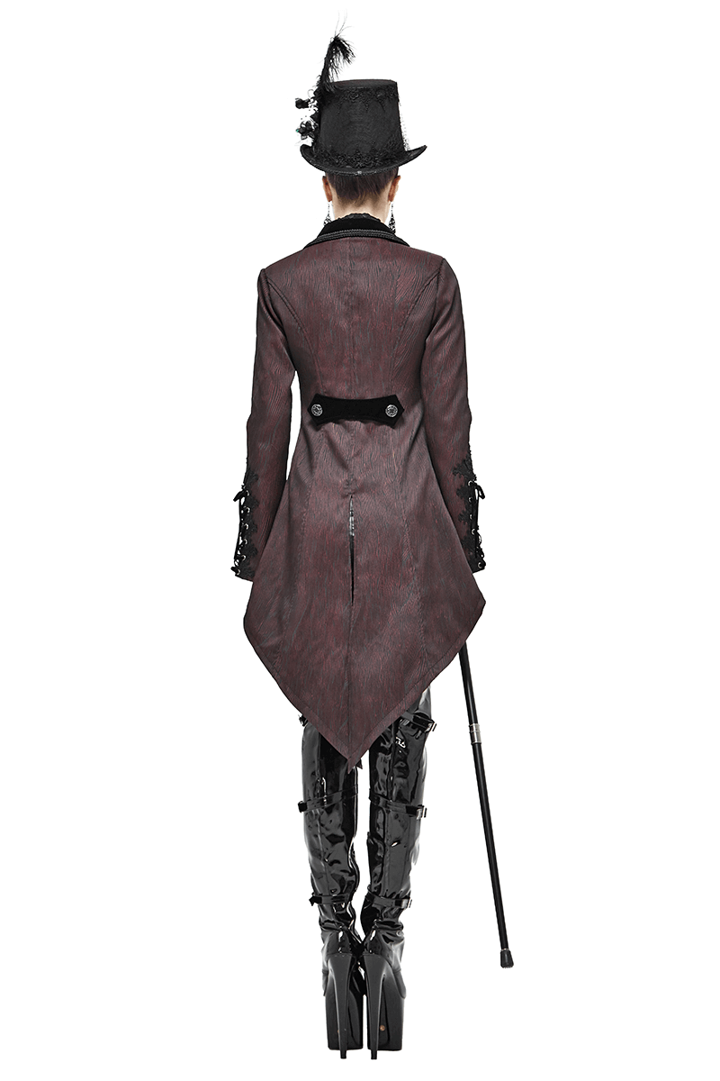 Women's gothic brown coat with a swallow-tailed hem, lace details, and a vintage style, worn with a stylish top hat.