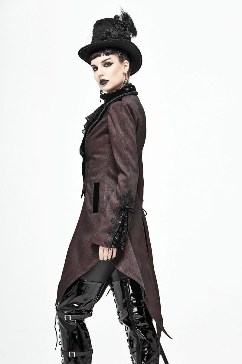 Model in a Gothic style brown coat with lace inserts and a stylish top hat, showcasing vintage elegance.