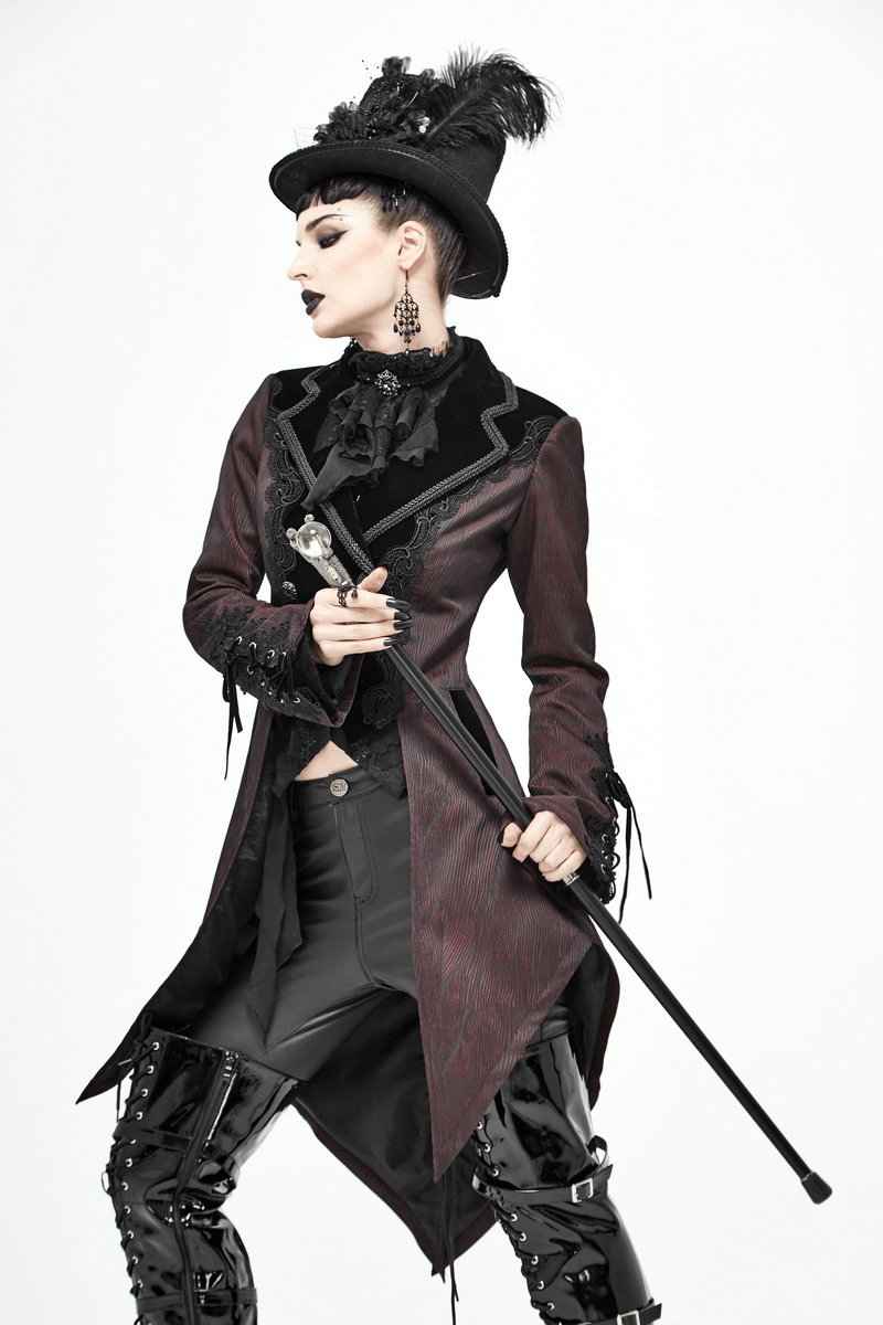 Model in a vintage gothic brown coat with lace details, stylish hat, and patent leather pants, showcasing a dramatic look.