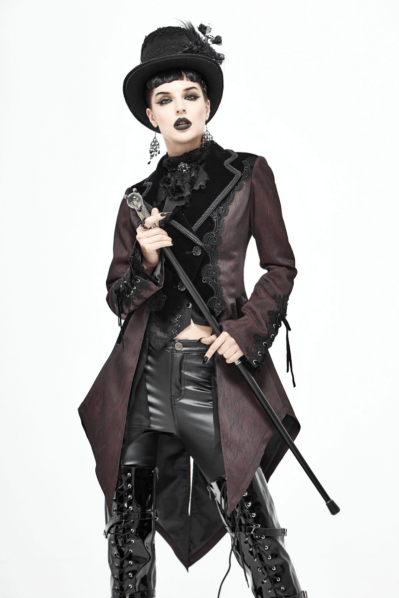 Stylish woman in a brown jacquard coat with asymmetrical hem, gothic style, holding a cane, wearing a top hat.