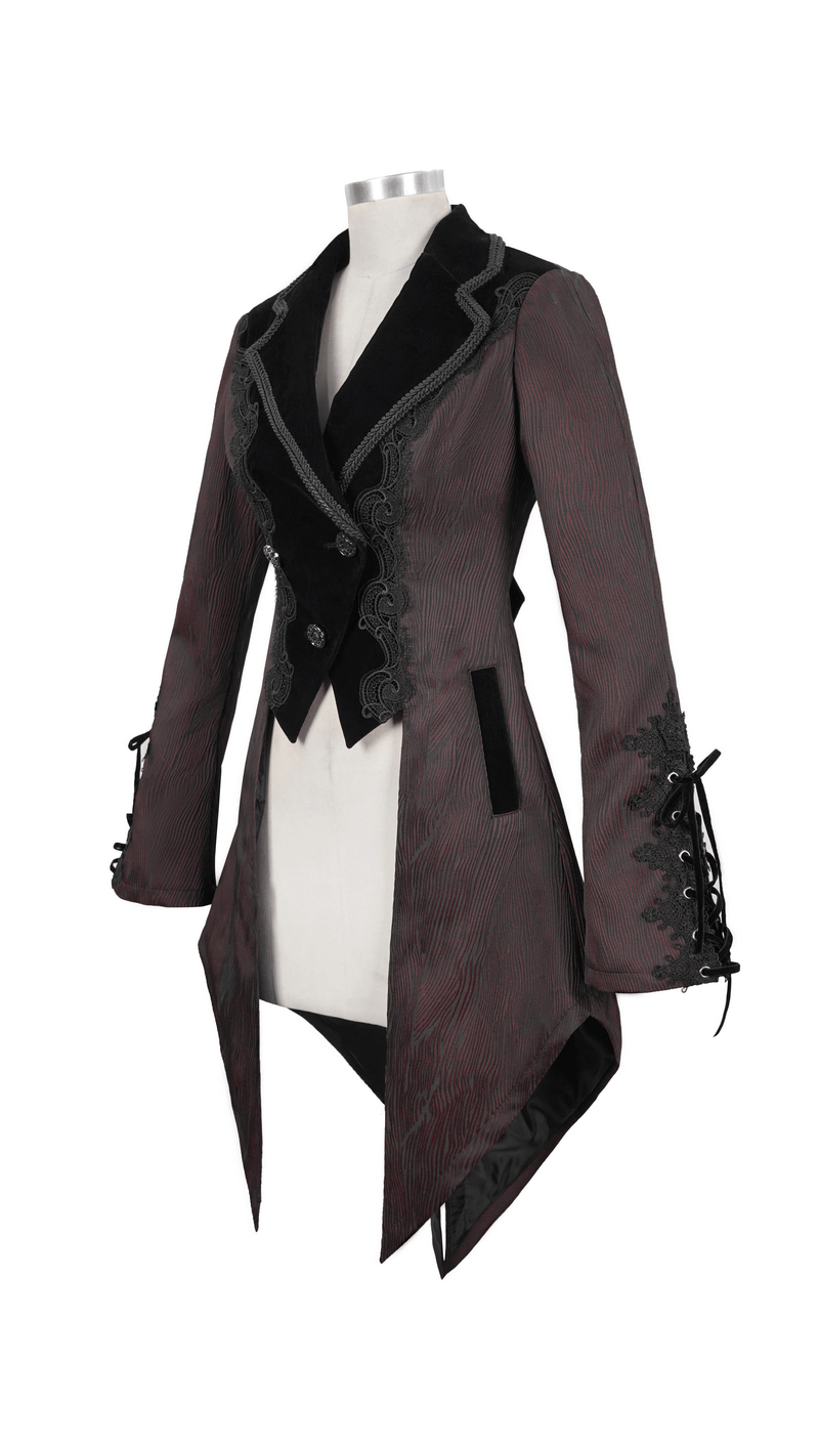 Gorgeous brown asymmetrical hem coat with lace inserts and retro buttons in vintage gothic style.