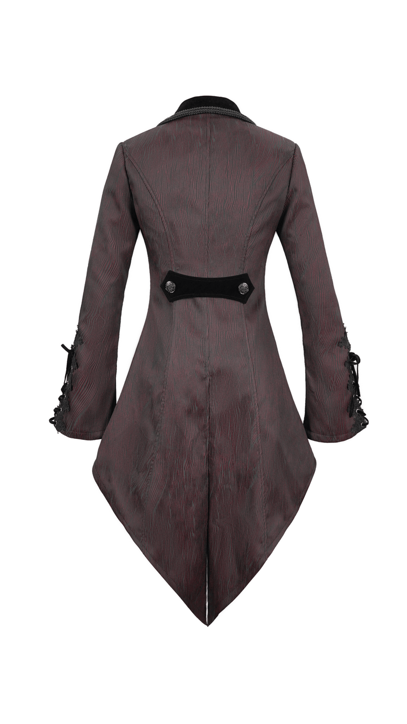 Back view of a women's vintage gothic brown coat with asymmetrical hem and lace inserts.