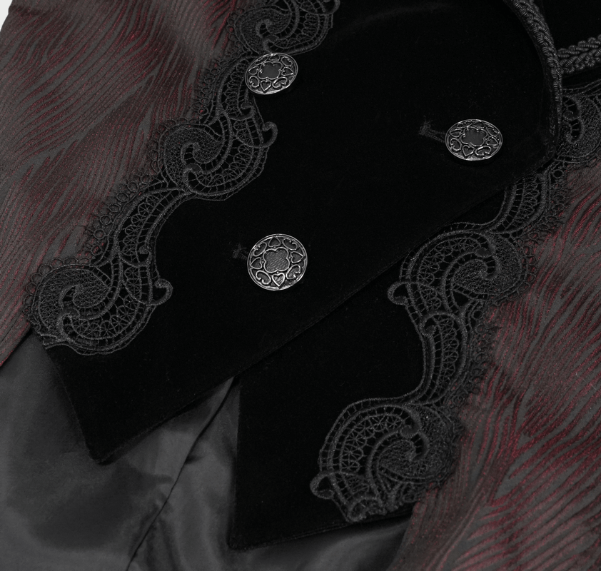 Close-up of a vintage gothic coat featuring elegant black lace inserts and ornate retro buttons.