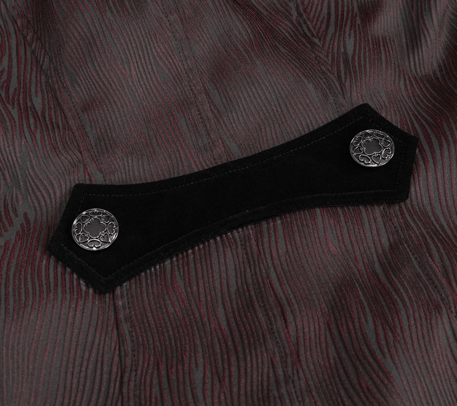 Close-up of the vintage gothic coat with textured fabric and decorative retro buttons.