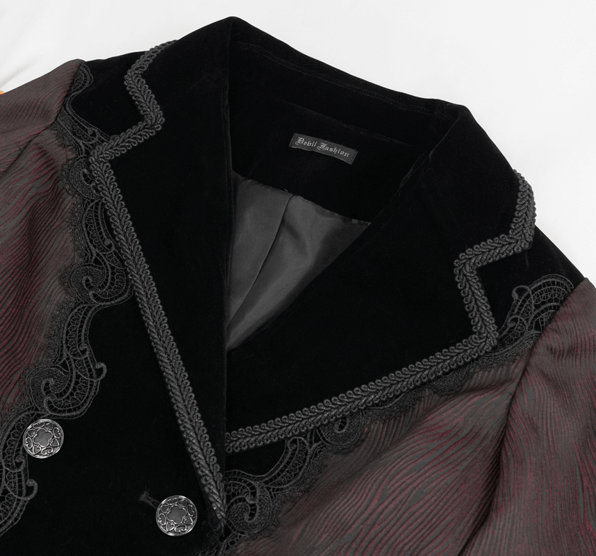 Close-up of elegant brown jacquard coat with vintage lace and decorative buttons, perfect for gothic fashion.