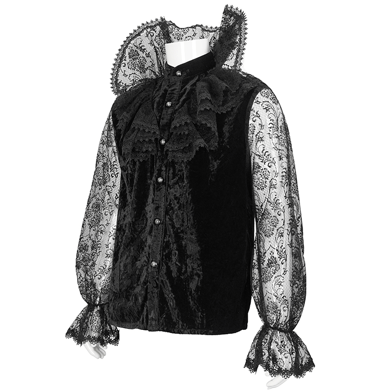 Gothic men's lace stand collar shirt with transparent lantern sleeves and black velvet body.