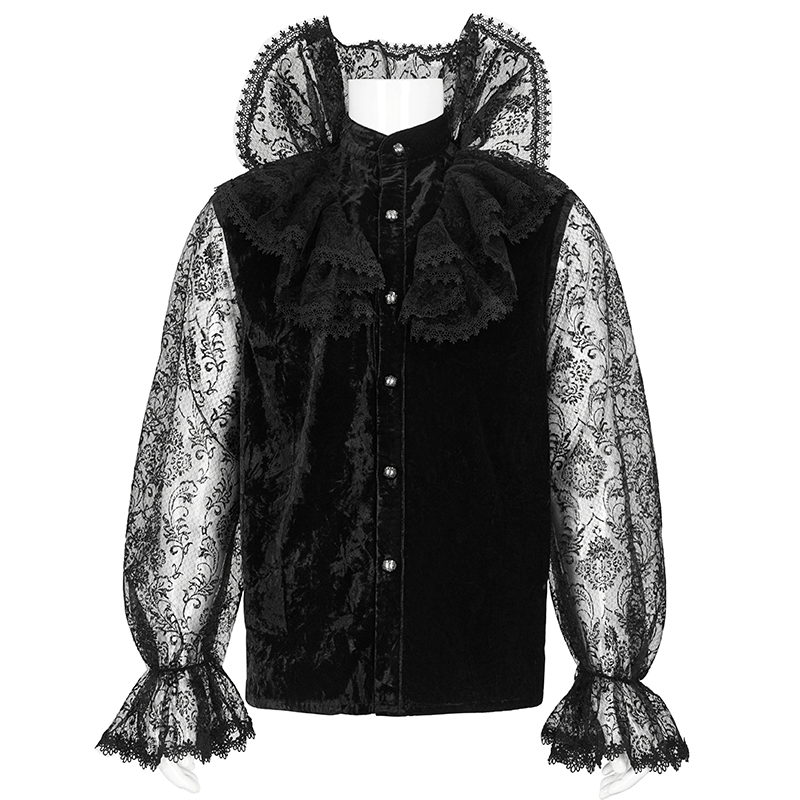 Gothic men's lace stand collar shirt with transparent lantern long sleeves, detailed lace accents, and velvet fabric.