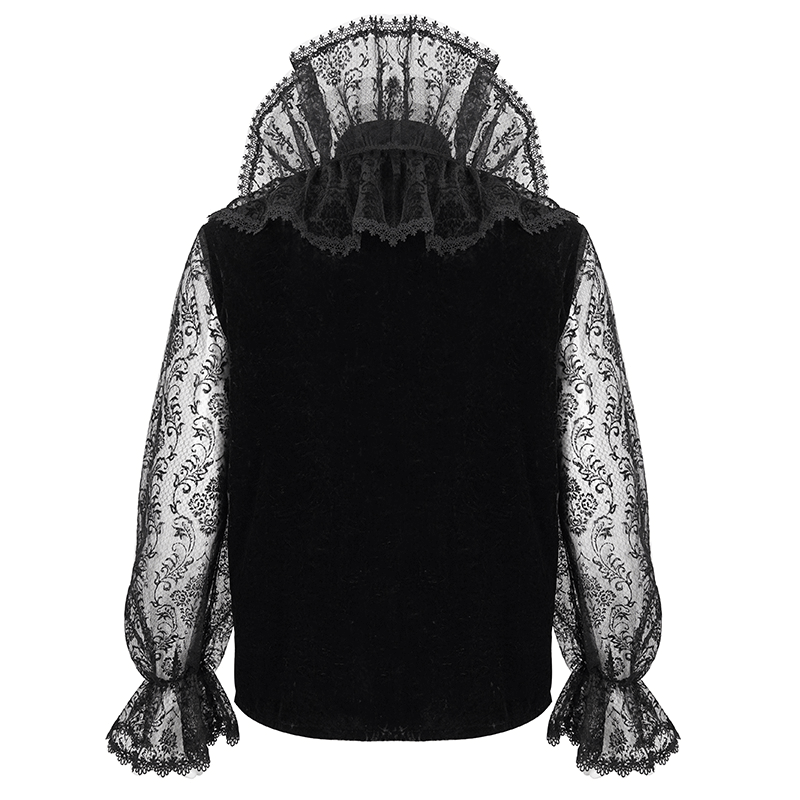 Gothic men's lace shirt with transparent lantern sleeves and stand collar, perfect for edgy fashion statements.