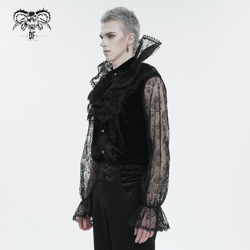 Gothic men's lace shirt with stand collar and transparent lantern long sleeves, perfect for edgy fashion.