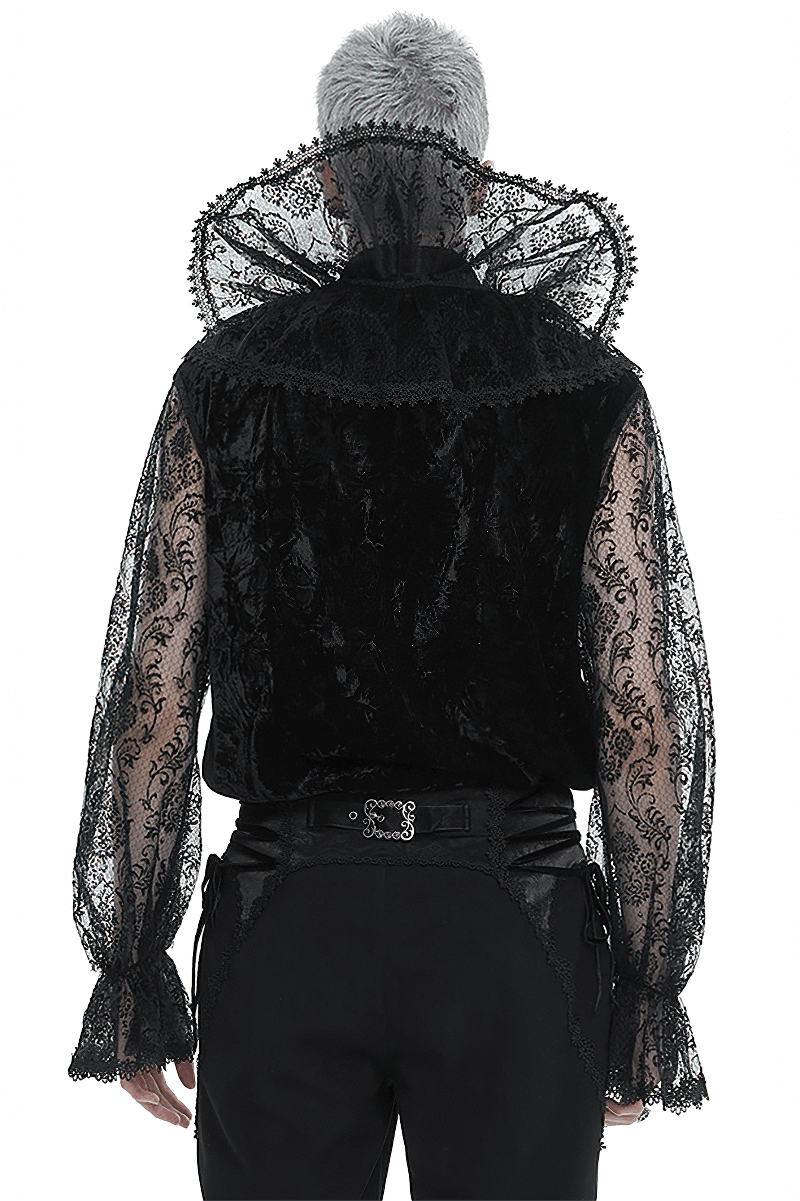 Back view of a gothic men's lace shirt featuring a stand collar and transparent lantern long sleeves.