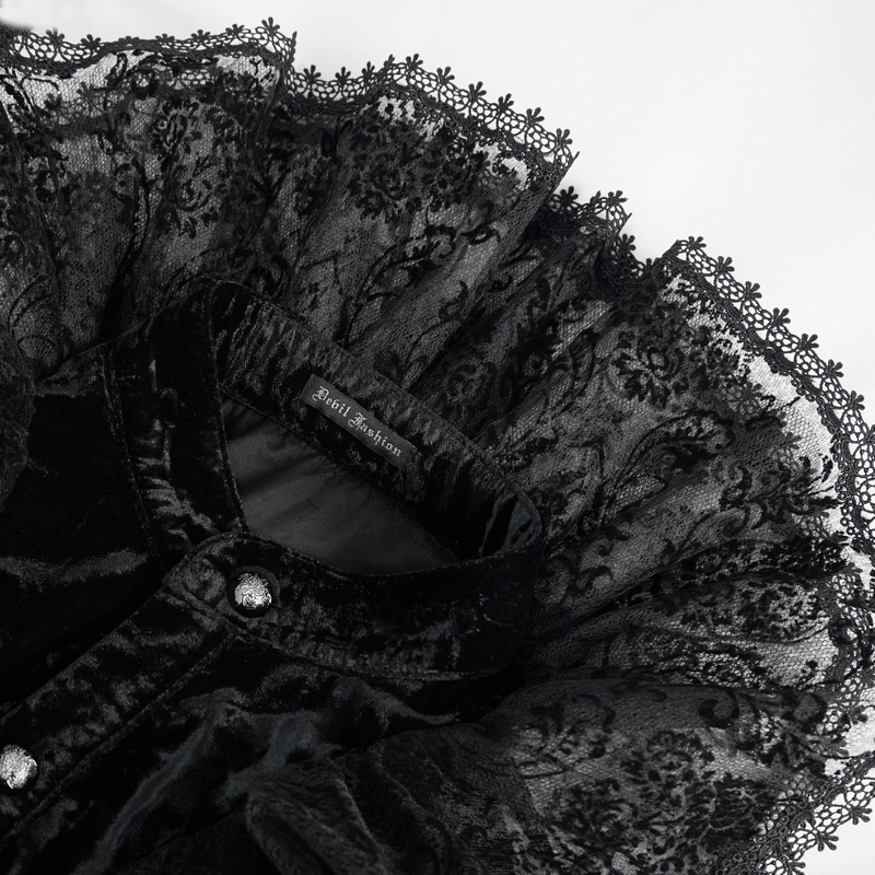 Gothic lace stand collar shirt for men with transparent lantern sleeves and intricate lace detailing.