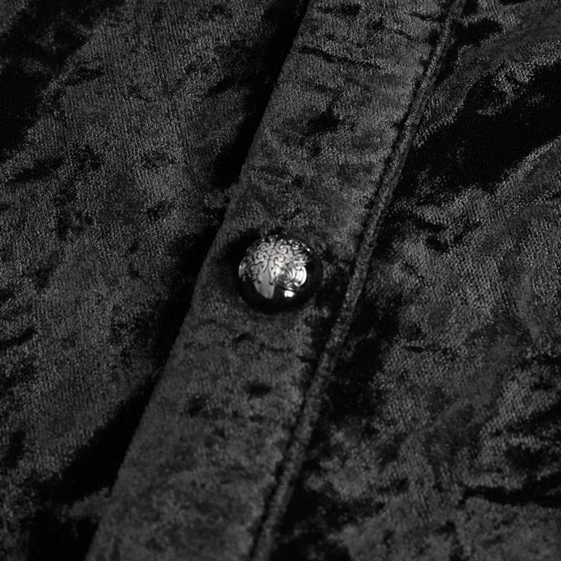 Close-up of gothic men's lace shirt with intricate black button and soft velvet texture, perfect for edgy fashion.