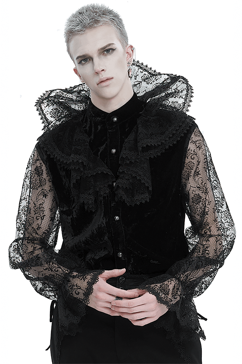 Gothic men's lace stand collar shirt with transparent lantern sleeves, perfect for edgy fashion lovers.