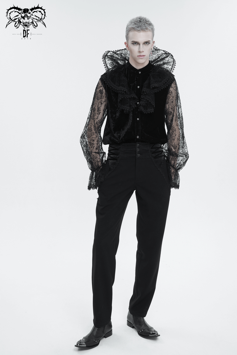 Gothic men's lace stand collar shirt with transparent sleeves, embodying edgy fashion and sophisticated style.