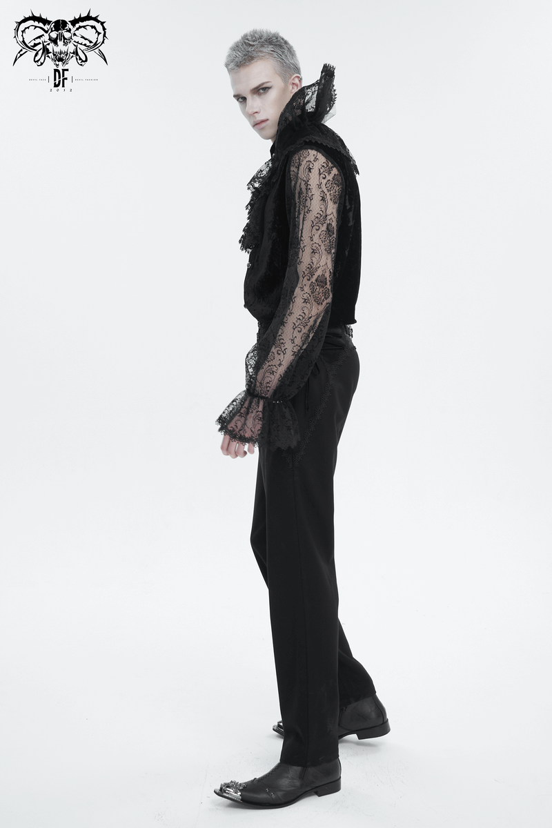 Gothic lace stand collar shirt for men with transparent lantern sleeves, exuding edgy elegance and style.