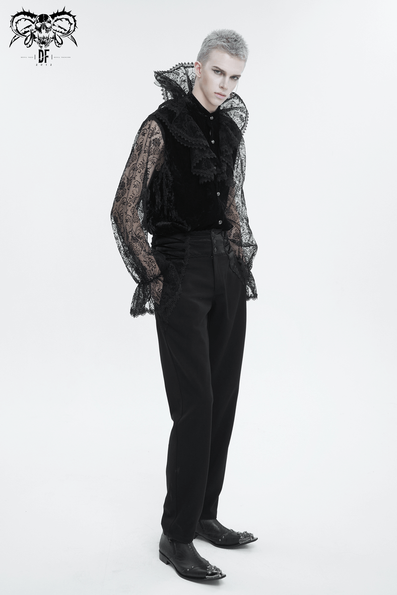 Gothic men's lace stand collar shirt with transparent lantern sleeves, showcasing edgy fashion style.
