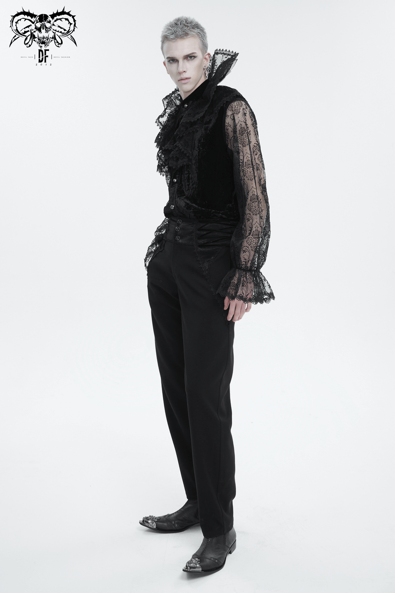 Gothic men's lace stand collar shirt with transparent lantern long sleeves, showcasing an edgy, stylish fashion statement.