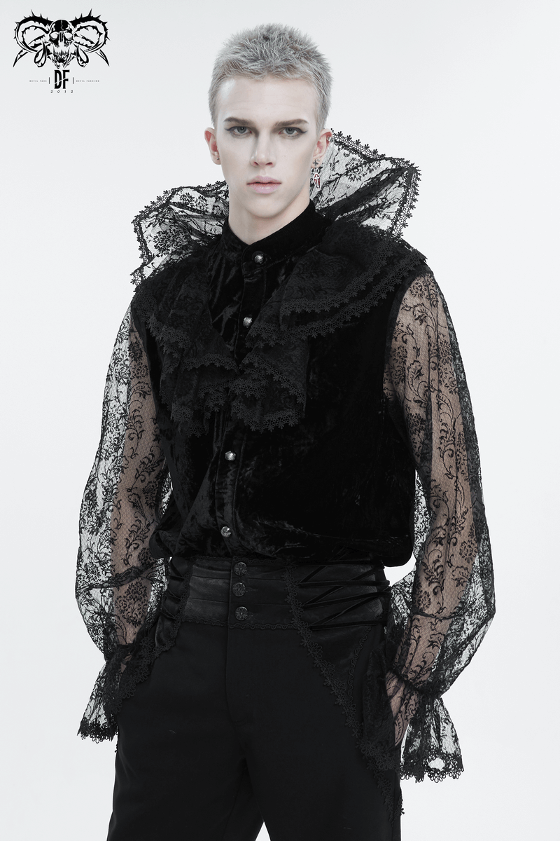 Gothic lace stand collar shirt for men with transparent lantern sleeves, perfect for edgy fashion statements.