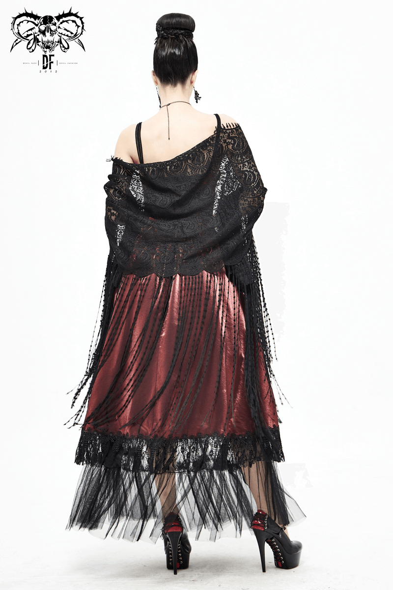 Gorgeous black lace tassel cape with fringe, gothic style, paired with a flowing red skirt, creating an elegant look.