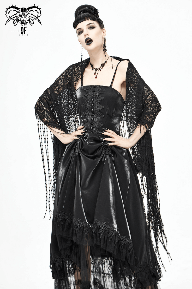 Gorgeous black lace tassel cape worn by model, showcasing elegant gothic style for women.