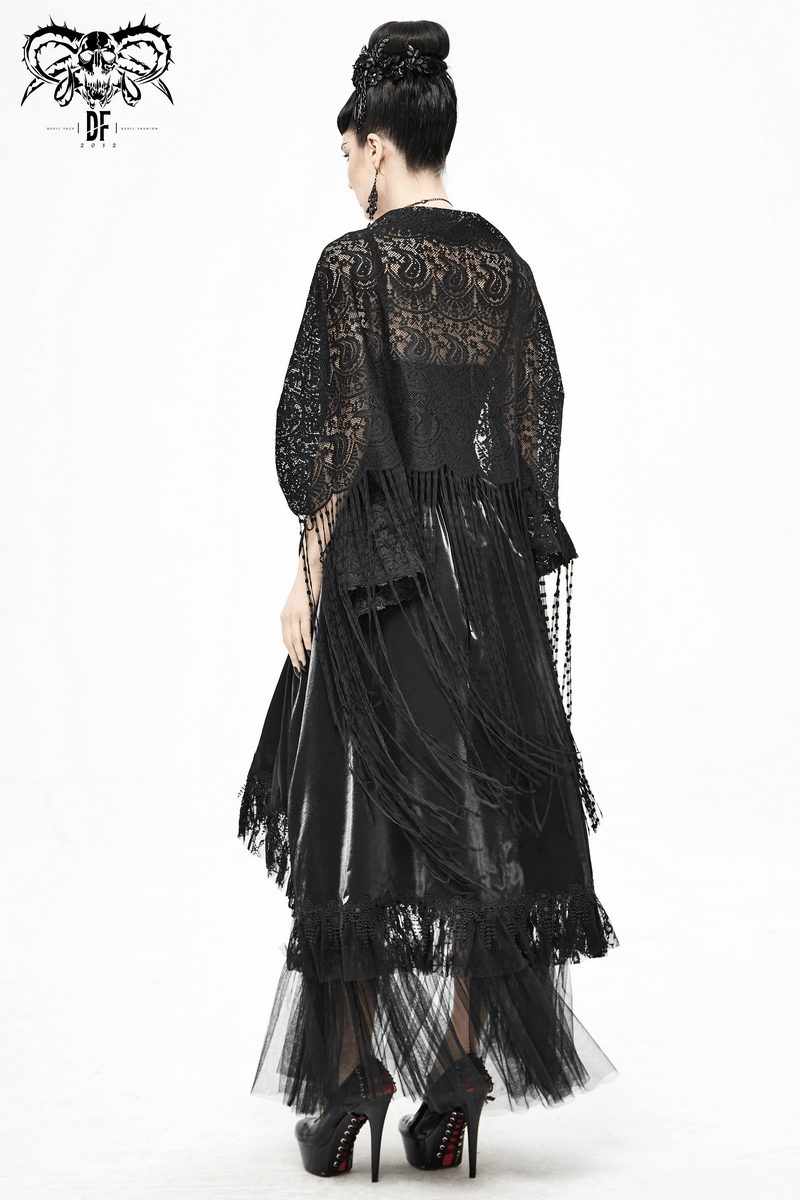 Elegant black lace tassel cape for women, showcasing gothic style with fringe detail, perfect for a vintage fashion statement.