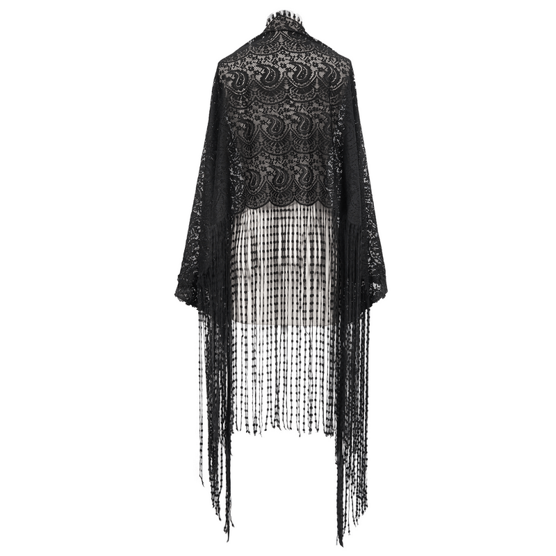 Elegant black lace cape with fringe, perfect for gothic style outfits and vintage-inspired fashion.