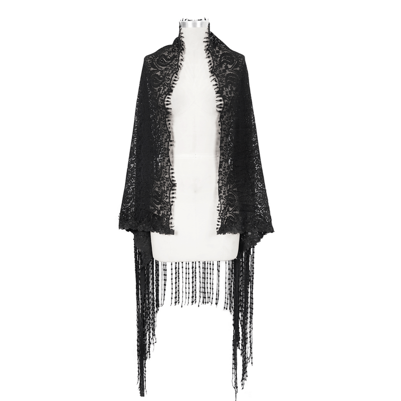 Elegant black lace tassel cape with fringe detail, perfect for gothic style outfits and chic layering.